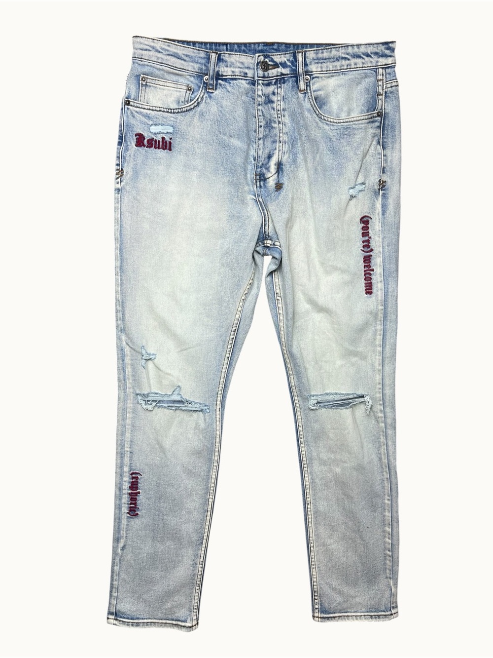 Ksubi Men’s Light Wash Distressed Embroidered Jeans 33